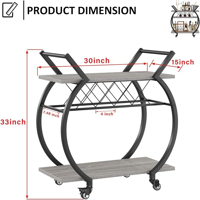 LVB Bar Cart with Wine Rack, 2 Tier Farmhouse Kitchen Cart on Wheels, Modern Wood and Metal Portable Coffee Cart Table for Home, Utility Industrial Mobile Serving Cart with Storage Shelf, Grey Oak