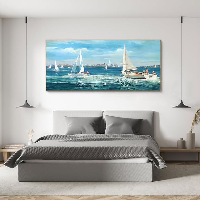 XLSJERST Coastal Paintings Framed Wall Art - Extra Large 70x31 Inches Landscape Modern Seascape Picture Sailboat Artwork for Living Room Bedroom Bathroom Office Home Wall Decor
