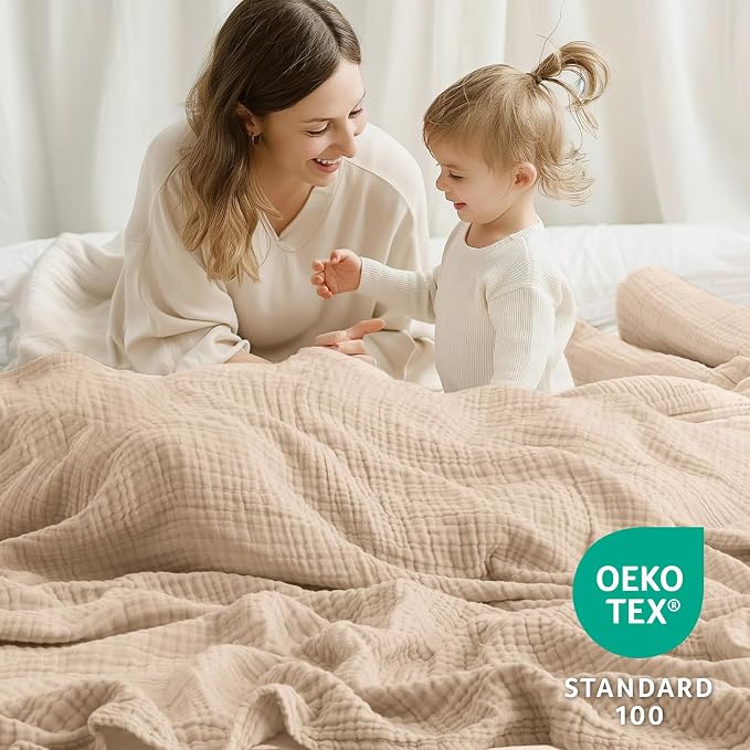 100% Cotton Muslin Blanket Queen 90" x 90", 6 Layers Breathable and Lightweight Cotton Throw Blanket for Bed, Soft Quilt Bedspread Coverlet, Gauze Blanket for Adults All Season, Beige Linen, Oatmeal