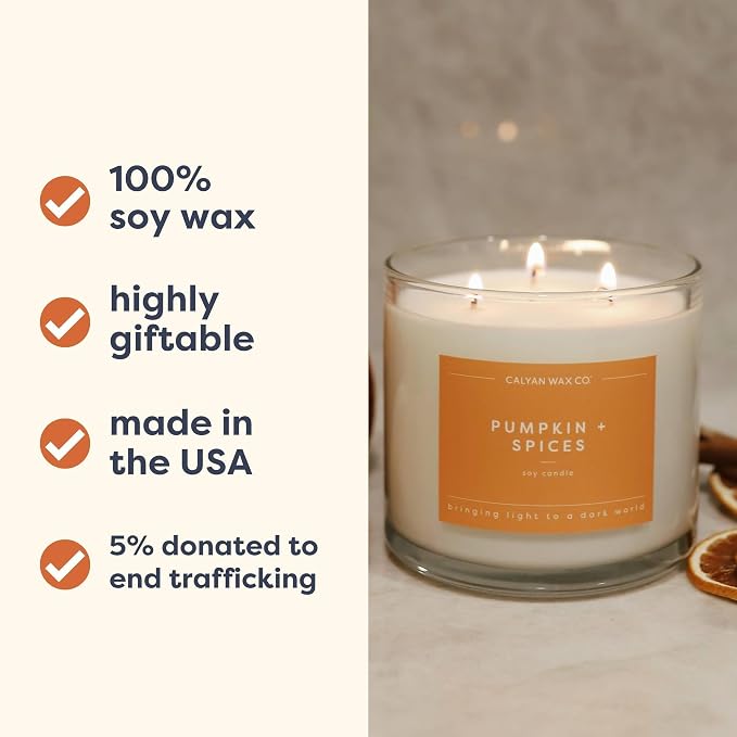 Calyan Wax Co. Pumpkin & Spices 3 Wick Scented Candle - 43 Hour Burn - Luxury 3 Wick Soy Candles - Clean Soy Wax Candles - Long Lasting Large Glass Jar Candle for Home - 14.9oz