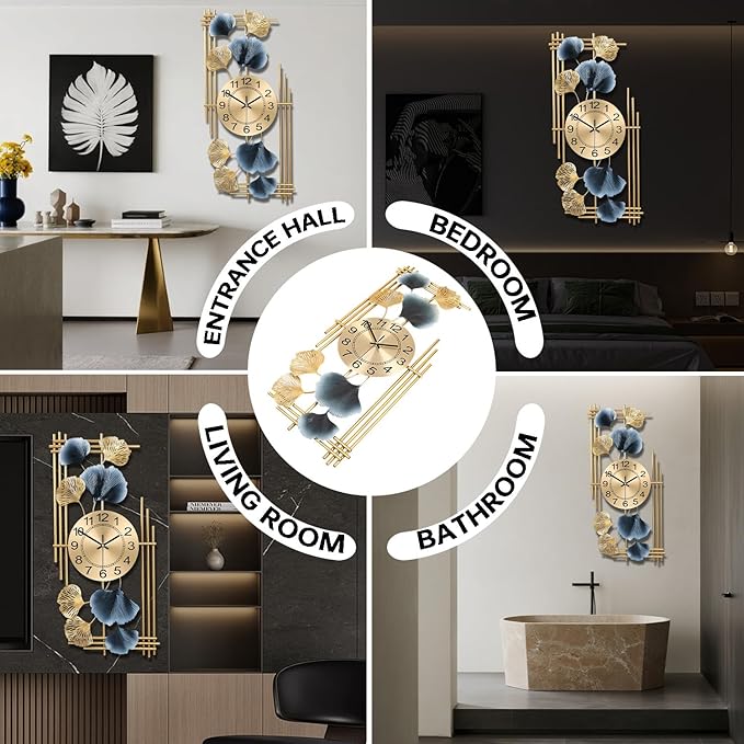 Large Wall Clocks for Living Room, Silent Non Ticking Battery Operated Oversized Square Modern Wall Clock for Bedroom Kitchen Farmhouse Office Home Wall Decor-12.3x28.4Inch(Ginkgo Leaf)