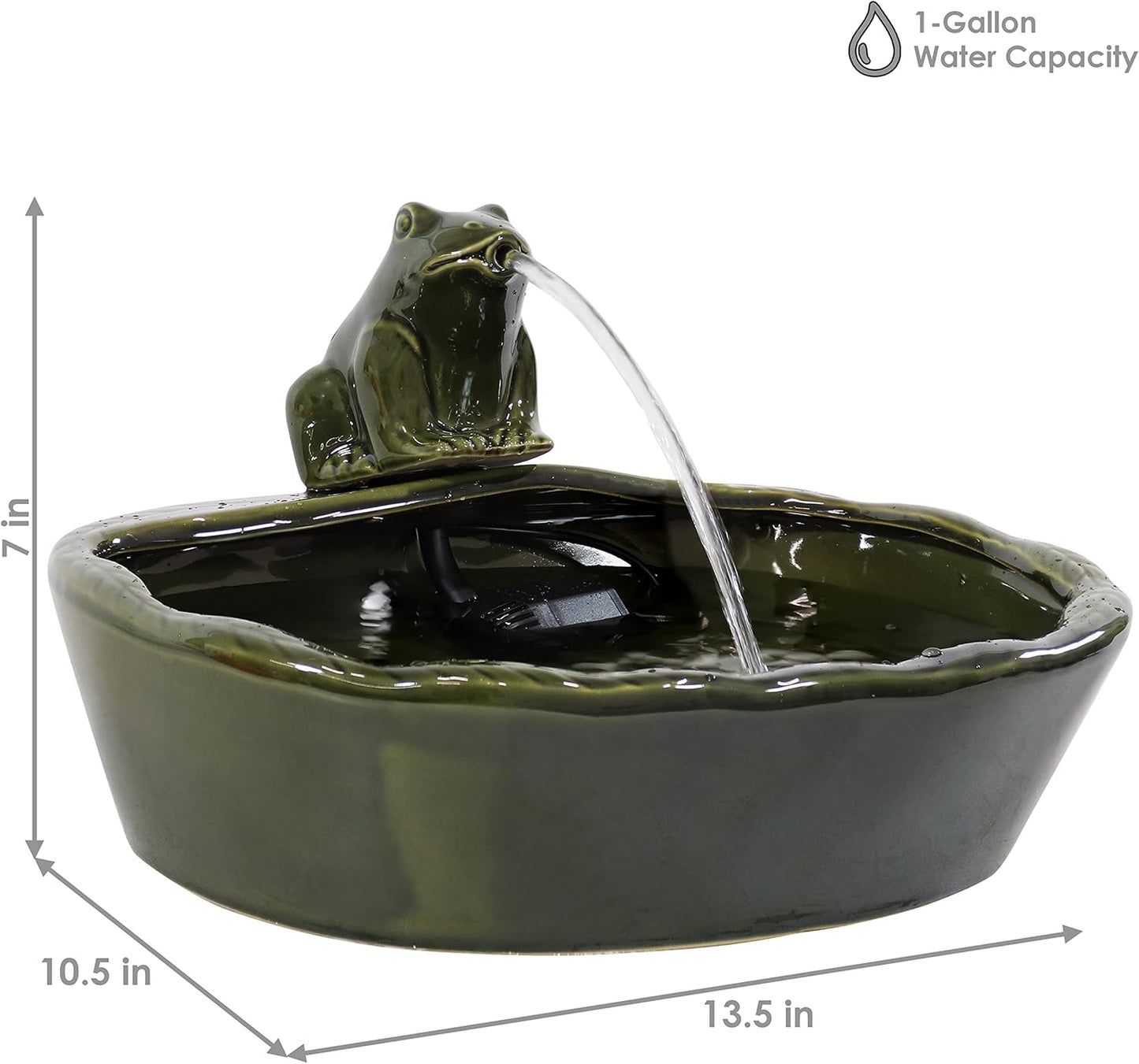 Sunnydaze Ceramic Solar-Powered Water Fountain - Green Glaze - Low-Voltage Submersible Pump with Filter - Frog