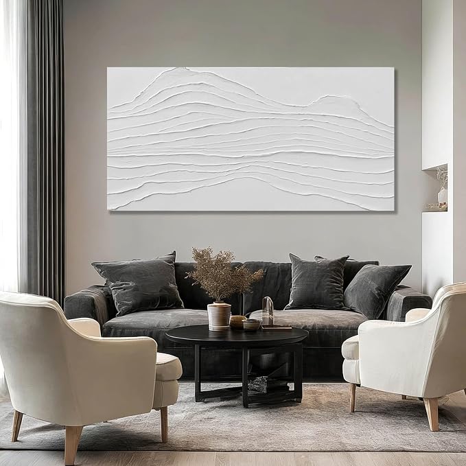 GAIDUOMAI White Canvas Wall Art Abstract Textured Painting Line Pictures Wall Decor Hand Painted Modern Wall Art for Living Room Dining Room Kitechen 24x48 Inch