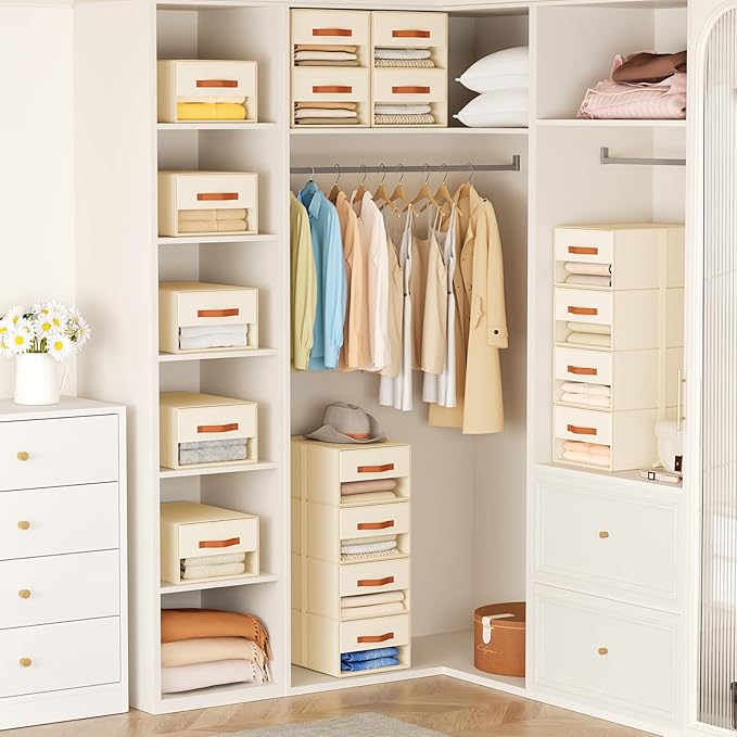 DIMJ Closet Organizers and Storage - Fabric Bins with Drawers for Closet Foldable Clothes Organizers with Clear Window, Stackable Storage Drawers Units for Bedroom, Living Room, Medium 4-Pack, Beige
