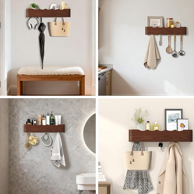 Wall Mounted Coat Rack with Shelf, Wooden Entryway Organizer with Hidden Metal Hooks for Hanging Coats Bags Keys, Modern Floating Shelf for Hallway Bathroom