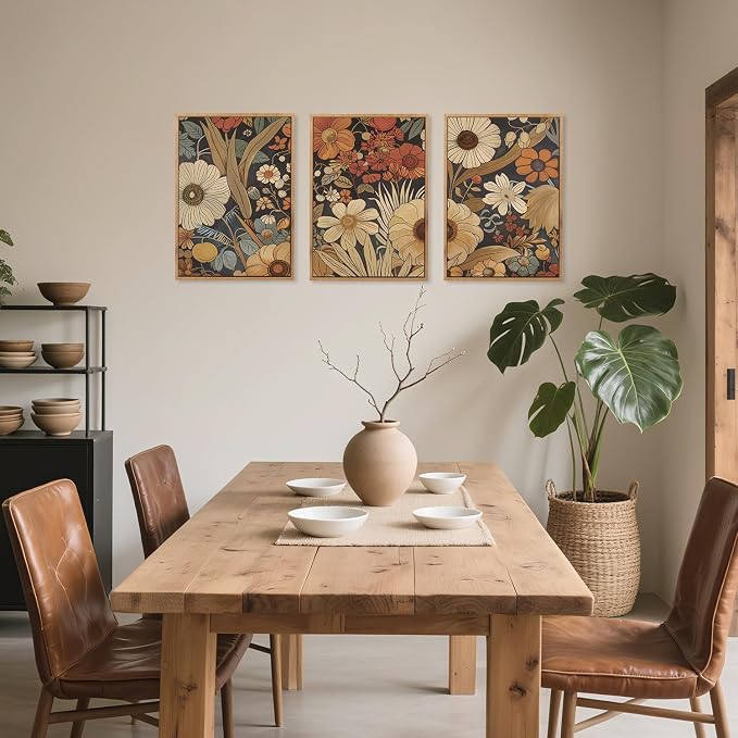 CHDITB Boho Burnt Orange Terracotta Wildflowers Framed Wall Art(12"x16"), 3 PCS Abstract Floral Canvas Artwork, Large Modern Vintage Botanical Nature Art Wall Decor for Home Office Living Room Bedroom
