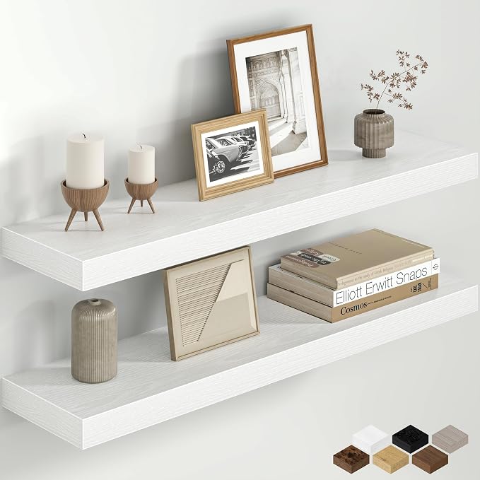 Fun Memories 32 Inch Floating Shelves for Wall, 8 Inch Deep Rustic Wood Floating Shelves Set of 2, Wall Mounted Hanging Shelf with Invisible Brackets for Bathroom, Bedroom, Kitchen, Living Room, White