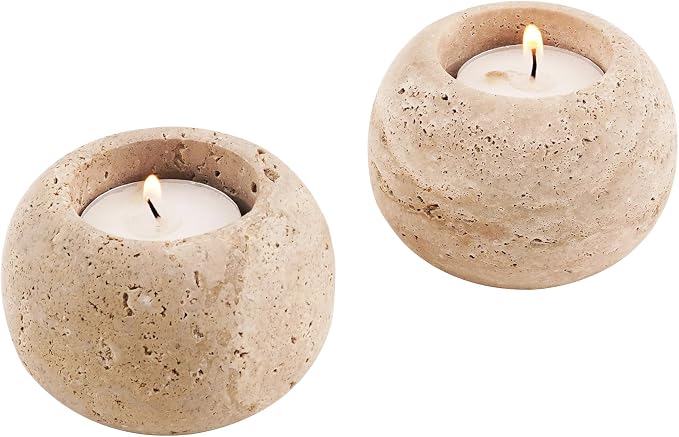Marble Tealight Candle Holders 3 Inch Travertine Votive Candles Holder for Dining Table Centerpiece Decor - Small Tea Lights Set of 2 for Gifts for her