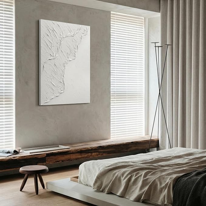 Abstract Ocean Wave Canvas Vertical Wall Art, Modern Textured Oil Painting | Minimalist Vertical Canvas Artwork for Living Room Bedroom Office Neutral Hand-Painted White Wall Art Contemporary Home Decor