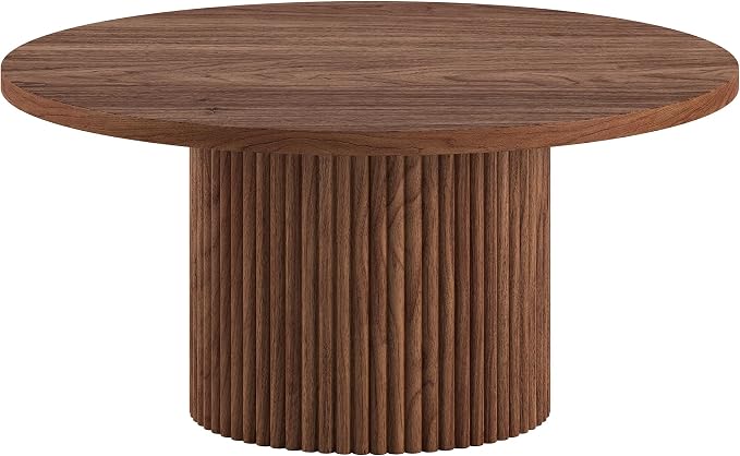 Henn&Hart 32" Fluted Round Wooden Pedestal Low-Profile Coffee Table for Living Room, Family Room, Office, or Apartment, Medium Walnut
