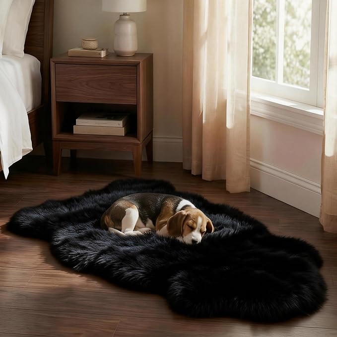 Premium Genuine Sheepskin Area Ruge - Real Wool Fur Shaggy Carpet | Fluffy Soft Natural Lambskin Rug Seat Chair Covers for Couch Sofa Bedroom Living Room(Black,2×3 Feet Sheepskin)