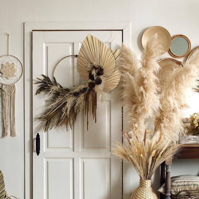 105 Pcs Boho Dried Pampas Grass Decor Bulk, Large Dried Palm Spears Bunny Tails Pampas Reed Grass Dried Palm Leaves Dried Flower Bouquet Boho Centerpieces for Wedding Home Tables Decor