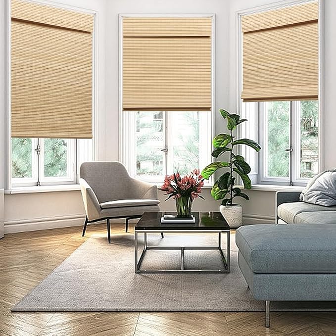 SEEYE Cordless Bamboo Roman Shades, Blackout Natural Bamboo Blinds for Indoor Windows, Roll Up Blind Privacy Shade for Home, Office, Door, UV Resistant & Easy to Install, 28" W x 64" H, Natural