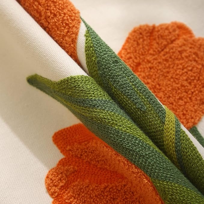 Embroidery Throw Pillow Covers 16x16 inch Pack of 2 Orange Tulip Flower Pillowcases Spring Summer Pillow Covers for Couch Cotton Canvas Cushion Cover Square Farmhouse Floral Decor Pillow Case