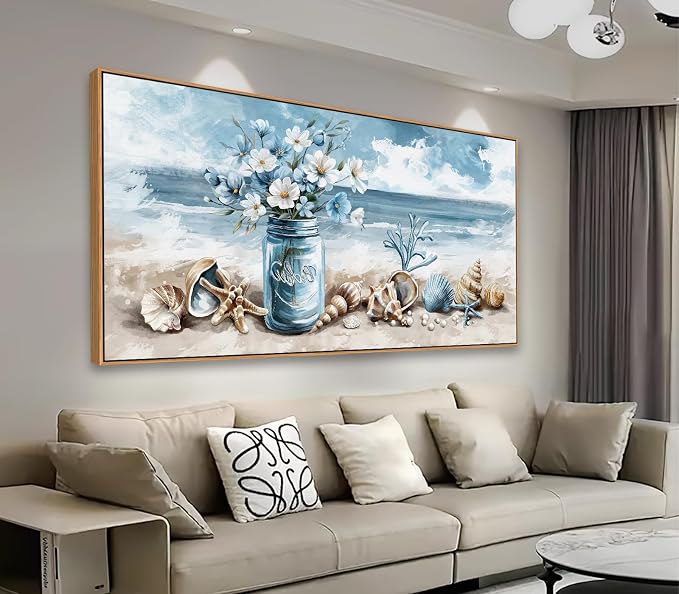 yearainn Coastal Framed Wall Art - Rustic Jar Flowers Canvas Pictures Wall Decor Seashells Seaside Painting Artwork Ocean Landscape Prints Living Room Office Home Decor Natural Wood Frame 40" x 20"