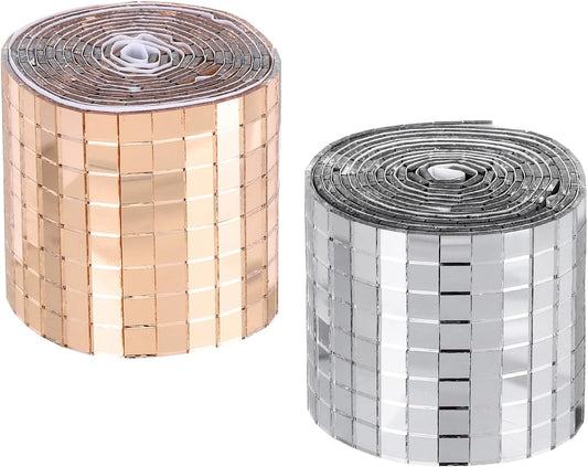 MECCANIXITY Self Adhesive Glass Mirror Mosaic Tiles 3200 Pcs 5 x 5 mm Disco Tiles for Craft Decoration Glass Mirror Disco Ball 2 Rolls (Rose Gold/Silver)
