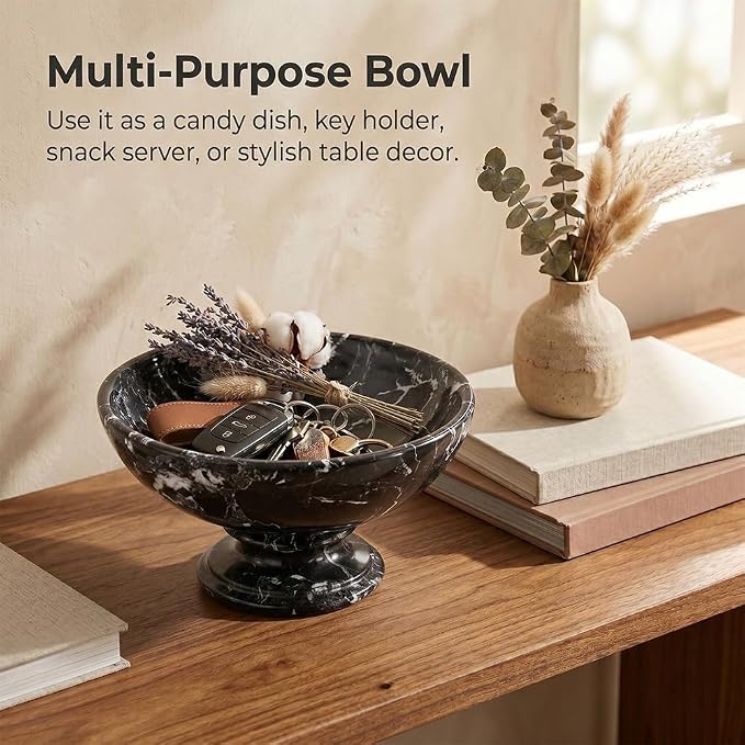 Radicaln Marble Fruit Bowl For Kitchen Counter 10" Inches Black Handmade Decorative Bowl For Kitchen Table, Ideal Key Holder, Candy Dish and Marble Pedestal Bowl