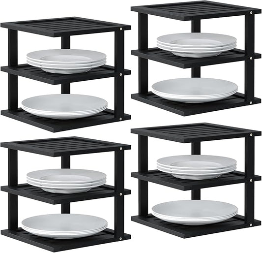 4 Pack Bamboo Corner Shelf,3 Tier Kitchen Cabinet Organizer for Plates and Dishes,Pantry Storage and Spice Rack（Black）