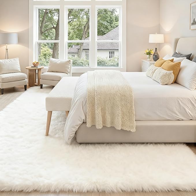 6x9 Area Rug for Living Room, Ultra Soft Fluffy Shag Rugs for Bedroom, Non-Slip Large Fuzzy Plush Rug Indoor Floor Carpet for Nursery Kids Office Dorm Modern Decor, White