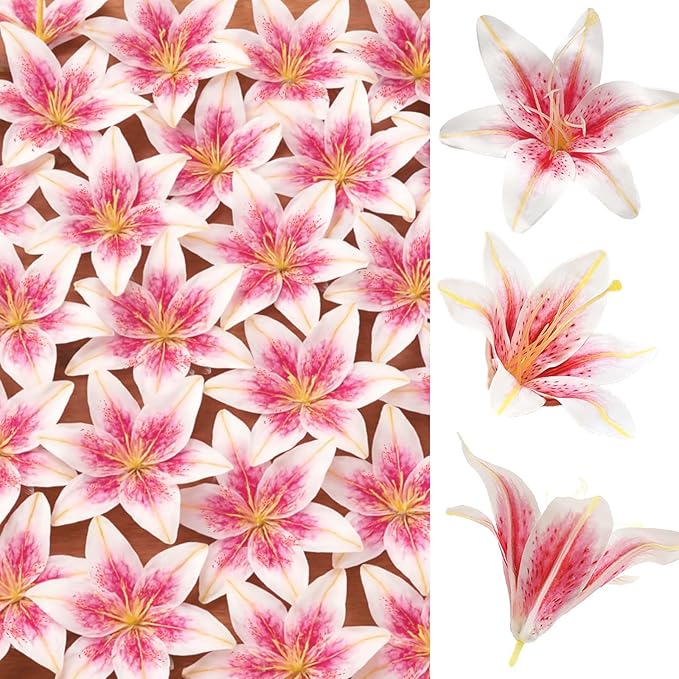 SNAIL GARDEN 24PCS 5.5" Large Fake Lilies Flower Heads with Realistic Stamens,24PCS Pink Artificial Flower Heads, Bulk Silk Flowers for Crafts, Cake Decorating, Wedding Party Wreath, Home Decor