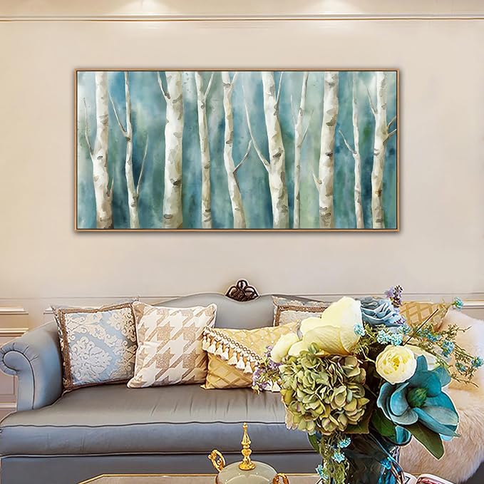 Framed Birch Canvas Wall Art - Abstract Birch Tree Pictures for Modern Turquoise Canvas Painting Nature Printing Artwork for Living Room Bedroom Home Office Wall Decoration 29" x 58