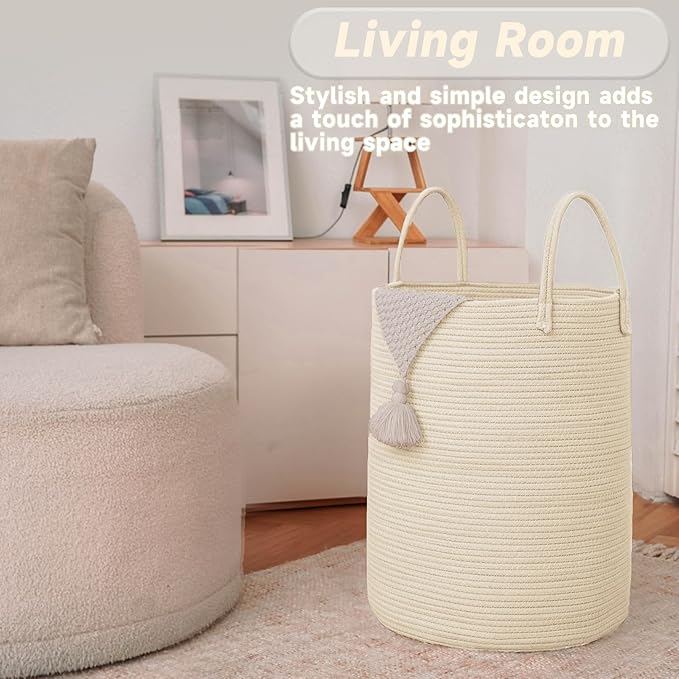 JMvicyroam Large Woven Laundry Basket Hamper,100L Cotton Rope Storage Bin for Blankets,Toys and Clothes,Decorative Tall Nursery Hamper for Living Room,Baby Nursery,Bathroom and Bedroom,Beige