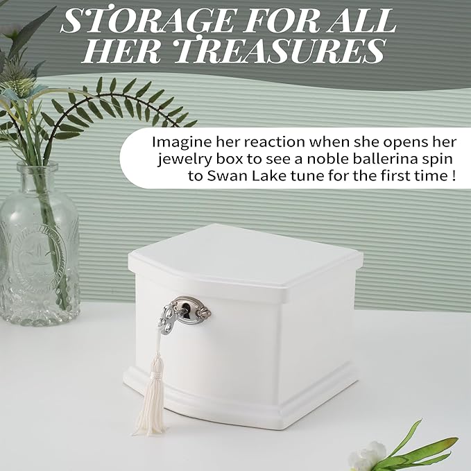 Small White Wooden Ballerina Musical Jewelry Box with Mirror and Lock for Girls，Kid's Jewelry Storage Music Box, Gift for Christmas,New Year, Birthday