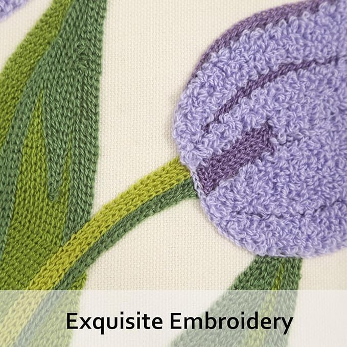 Purple Tulip Flower Pillow Covers 18x18 inch Pack of 2 Embroidery Throw Pillow Covers Spring Summer Pillow Covers for Couch Cotton Canvas Cushion Cover Square Farmhouse Floral Decor Pillow Case