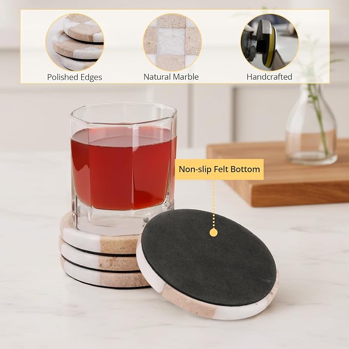 Marble Coasters Set of 4, Travertine & White Handmade 4 inch Round Checkered Stone Coaster, Drink Coaster Plates for Living Room, Trendy Office Desk Accessories & Home Décor