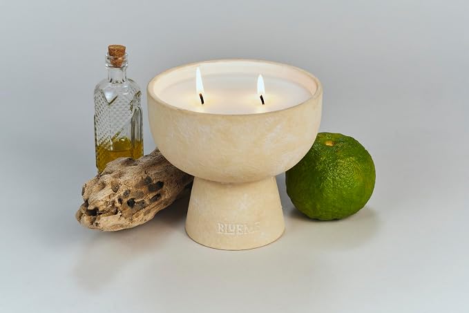 Blueme Nostalgia Candle | Bergamot & Musk | 2 Wick - Refillable Wellness Candle with Essential Oils, Hand Finished & Poured Soy Wax Blend Ceramic Vessel, Natural Cotton Wicks | Medium 12 oz