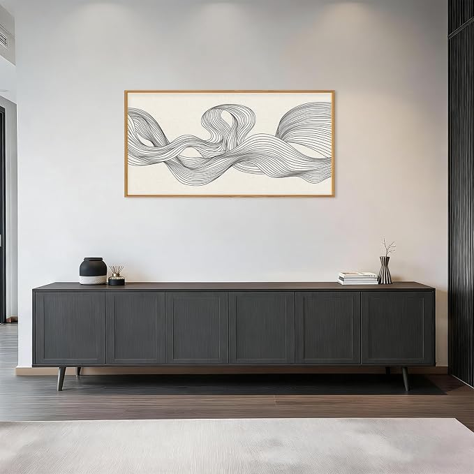 HPNIUB Large Neutral Abstract Framed Canvas Wall Art,Textured Beige Minimalist Wall Decor,Black Line Wave Art Prints,Boho Modern Geometric Artwork for Living Room, Bedroom, Office -20"x40"