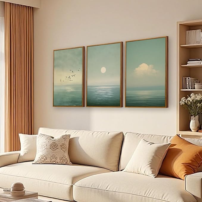 QTUSYUR Japandi Wall Art - Large Farmed Minimalist Sage Green Sunset Art Print - Abstract Calm Seascape Artwork for Bedroom Yoga Room - Scandinavian Zen Peaceful Wall Picture for Home Decor 16”×24”×3