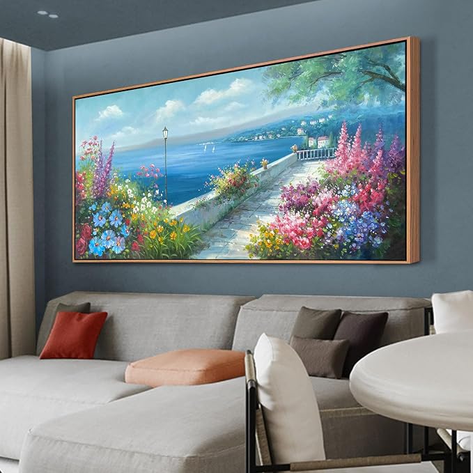 Arjun Blue Coastal Canvas Framed Wall Art for Living Room Ocean Landscape Painting Bedroom, Hand Painted Seascape Garden Flower Picture Artwork Large Home Office Wall Decor, 48"x24"