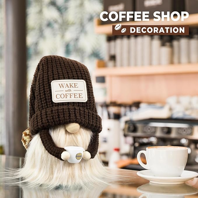 Coffee Gnome - Cute Plush Gnome Holding Cup, Handmade Bar Decor & Accessories, Gift for Coffee Lovers, Swedish Tomte Elf Dwarf for Station, Kitchen, Valentine, Christmas & Home Decorations