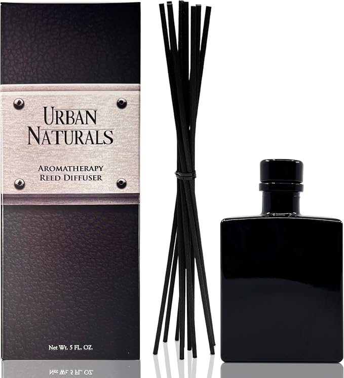 Urban Naturals Crisp White Linen Reed Diffuser Gift Set – Citrus, Ozone, Ylang–Ylang, Lilies & Sandalwood for a Fresh Smelling Home – 5 Ounce Sleek Black Rectangular Glass Bottle – Made in the USA