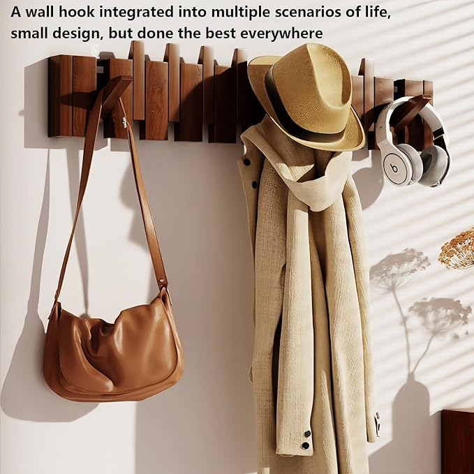 Wall Mounted Coat RackHooks Piano Key Hangers Natural Solid Wood Hanger Non-Woven Fabric Clothes Hangers for Closet, Kitchen, Bedroom, Bathroom, Entryway (Walnut, 6 Hooks)
