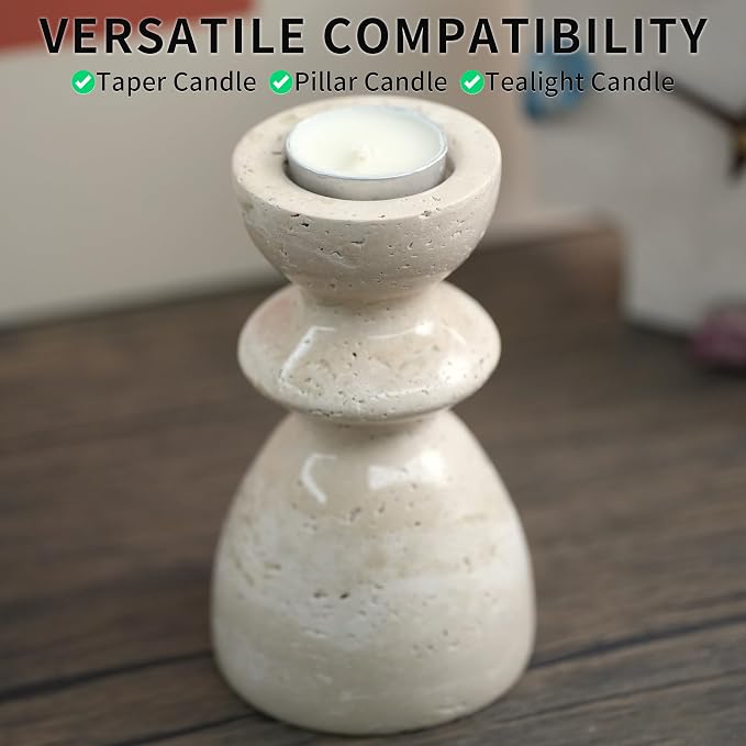 Travertine Marble Candlestick Holders - Stone Candle Sticks Holder Decor, Decorative Modern Candle Stands Multi-Purpose for Taper/Pillar/Tealight/Scented Candles