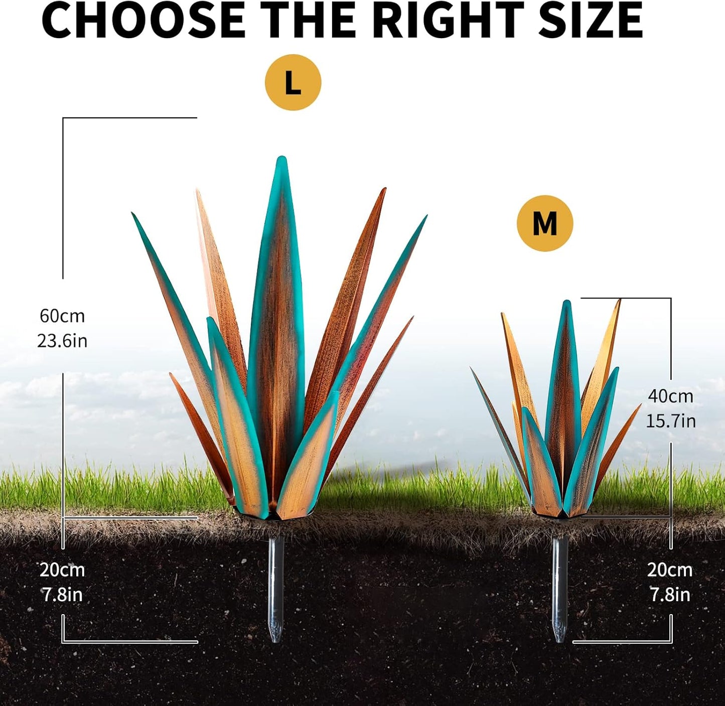 Large Tequila Rustic Sculpture, Agave Plants for Outdoor Patio, Home Decor Hand Painted Metal Garden Statue, Lawn Ornaments Yard Stakes (Blue - L)