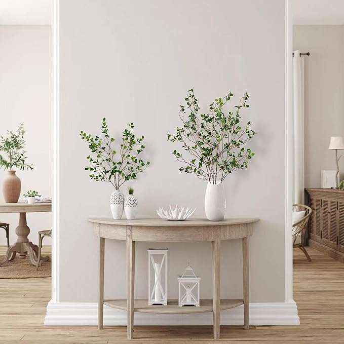 Sggvecsy 43’’ 3Pcs Artificial Ficus Branches Faux Leaf Spray Green Eucalyptus Branches Artificial Greenery Stems Fake Ficus Twig Plants for Home Office Wedding Vase Filler Shop Decoration