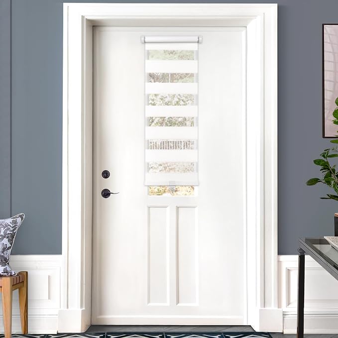 LazBlinds Cordless French Door Blinds, No Drill Roll Up Zebra Blinds for Doors, Light Control Day and Night Sheer Shades for Front Door Patio Sidelight Glass Door, 14'' W x 40'' L, White