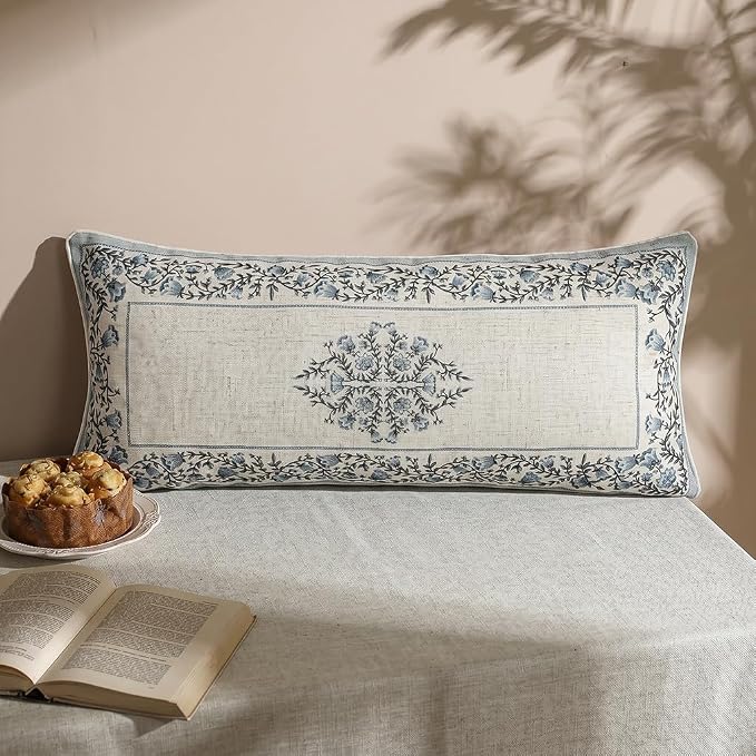ISAENNE Designer Linen Throw Pillow Cover,Set of 2,28"x12"-Segerman A | Elegant Chinoiserie Rectangle Pillow Cover,Concealed Zipper Design,Floral Pattern,Sofas,Bedroom,Living Room,Lounge Chairs
