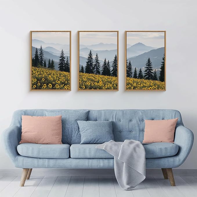 HPNIUB Large Boho Wildness Sunflowers Framed Canvas Wall Art Set, Nature Pine Tree Mountain Wall Decor, Misty Forest Landscape Art Print, Rustic Wildflower Artwork for Living Room, Bedroom,Office -16''x24''x3