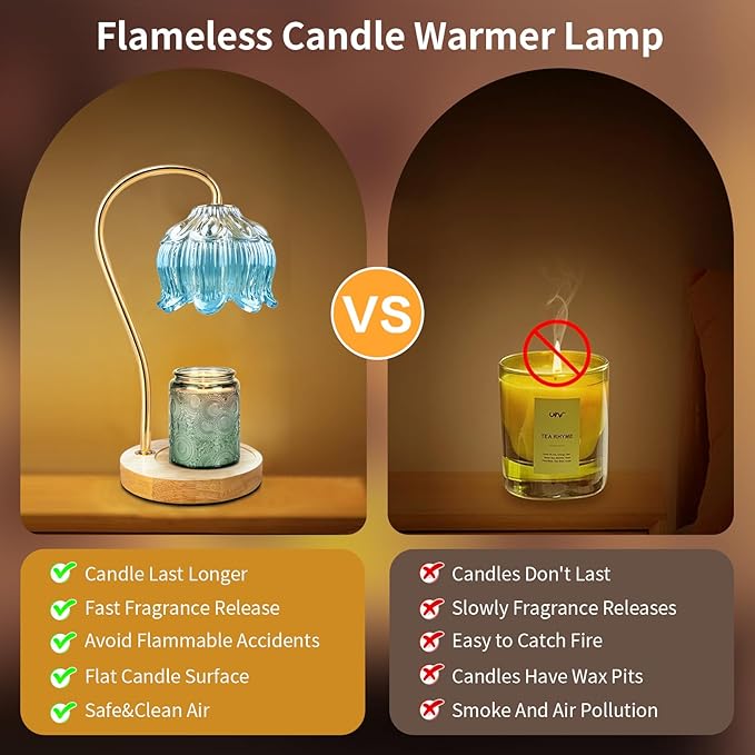 SupBri Dimmable Flower Candle Warmer Lamp, Blue Candle Warmer with Timer & 4Bulbs, Womens Gifts for Christmas Birthday, Unique Home Decor for Bedroom Living Room Decor Aesthetic