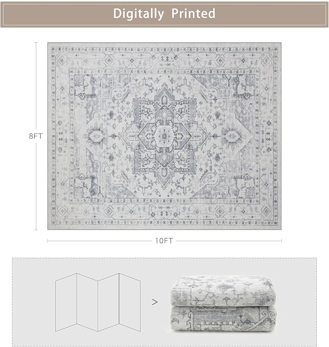 Srugn Area Rug 8x10 Washable Area Rugs for Living Room- Ultra Soft Non-Shedding Faux Wool Bedroom Rug Large Grey Vintage Print Rugs with Non Slip Rubber- Indoor Retro Foldable Carpet for Dining Room