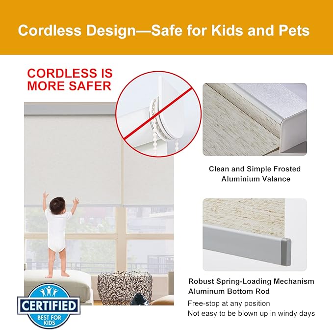 Persilux Light Filtering Blinds for Windows, Free-Stop Cordless Window Roller Shades (Cream 56"W x 72"H) Natural Woven UV Protection Privacy Roller Window Shades for Home, Living Room, Indoor Windows