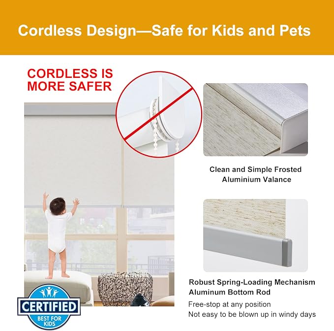 Persilux Free-Stop Cordless Blinds for Windows, Natural Woven Fabric Light Filtering Roller Shades for Windows (Cream 70" W x 72" H) UV Protection Privacy Window Shades for Home, Living Room, Office