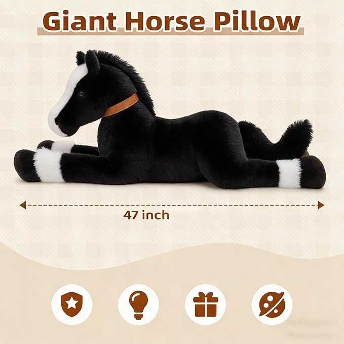 Tezituor 47inches Giant Black Horse Stuffed Animals, 4ft Realistic Large Stuffed Pony for Boys Girls, Soft Horse Plush Body Pillow Christmas Birthday Gift Decor for Kids Adult
