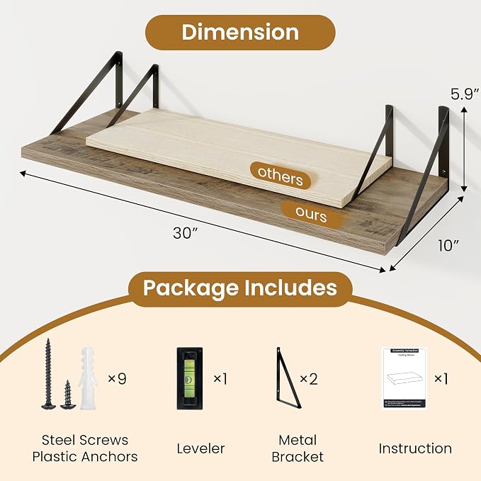 Acovy Deep Floating Shelves for Wall,30" Wx10 D Wood Floating Shelf Set of 2,Sturdy Metal Bracket Wide Display & Storage,Wall Mounted Hanging Floating Shelves for Living Room,Bedroom,Kitchen,Grey