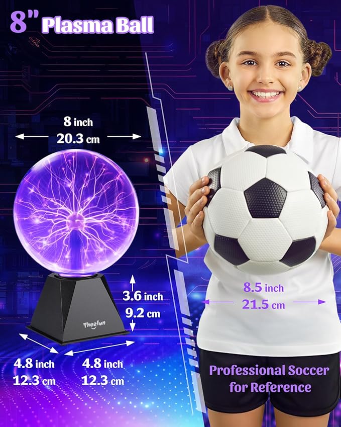 Theefun Plasma Ball, 8 Inch Huge Plasma Globe Birthday Gifts Touch & Sound Sensitive Ball Lamp Electric Lightning Novelty Light for Parties, Home, Prop, Room Decoration, Purple