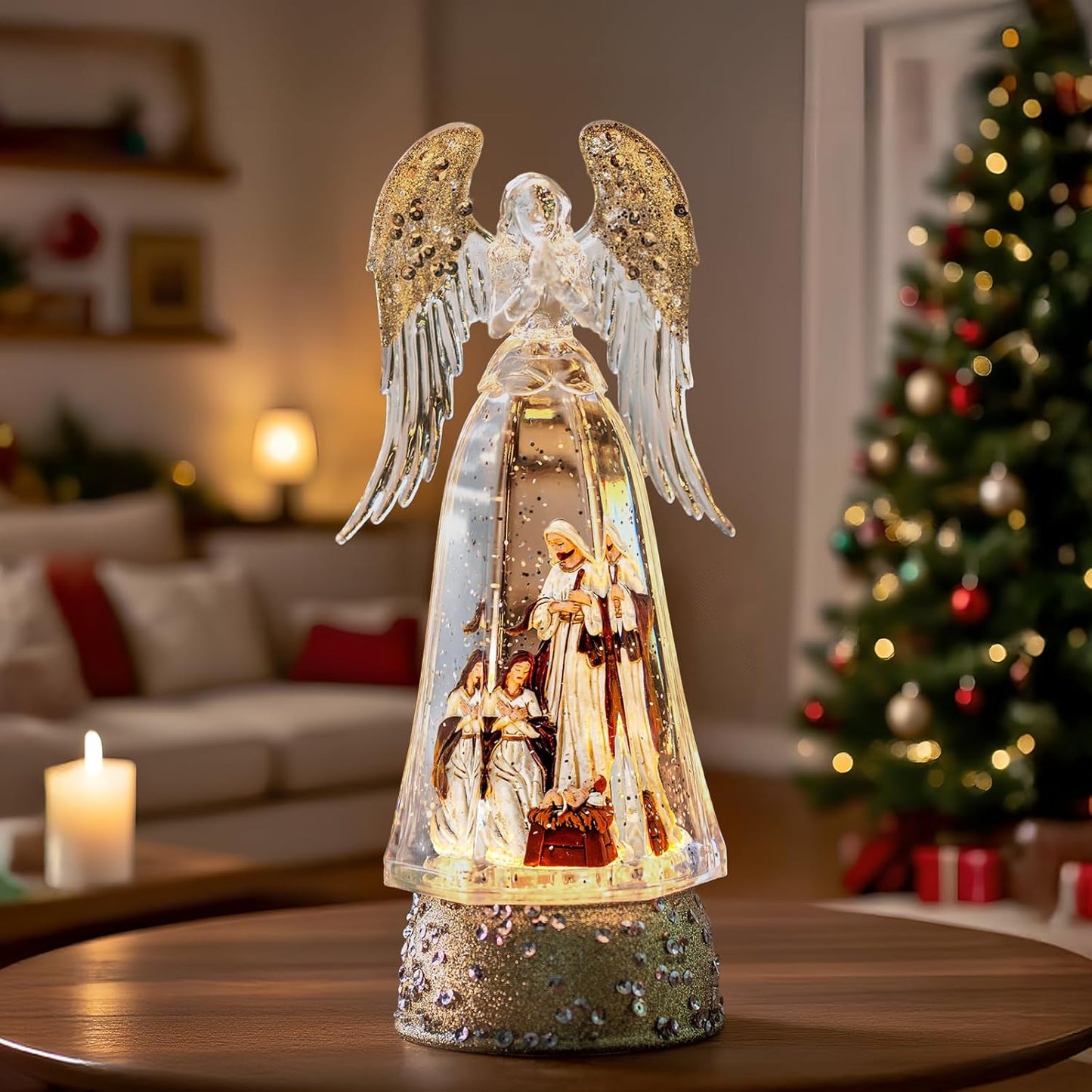 Christmas Snow Globe Lantern Water Glittering Angel & Nativity with Music & Timer, USB Lined/Battery Operated Lighted Lantern for Christmas Festival Decoration Gifts
